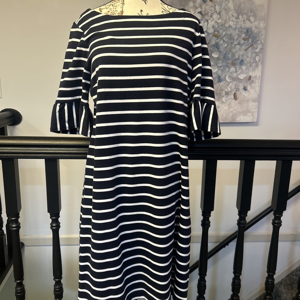 Talbots Stripe Cotton Shift Dress Womens Size‎ LP Blue White 3/4 Ruffle Sleeve